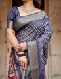 Navy Blue Tussar Silk Saree with Geometric Patterns, Zari Border, and Vibrant Pallu