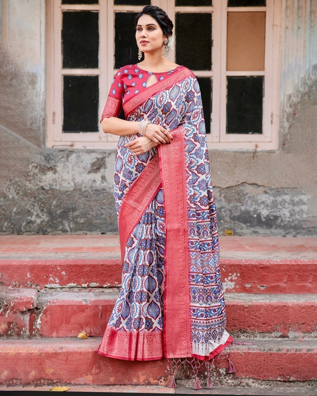 Pure Silk Digitally Printed Saree Weaved With Golden Zari Comes With Tassels - Almaari Fashion