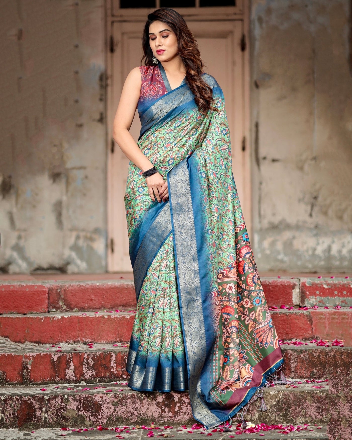 Pure Silk Digitally Printed Saree Weaved With Golden Zari Comes With Tassels - Almaari Fashion