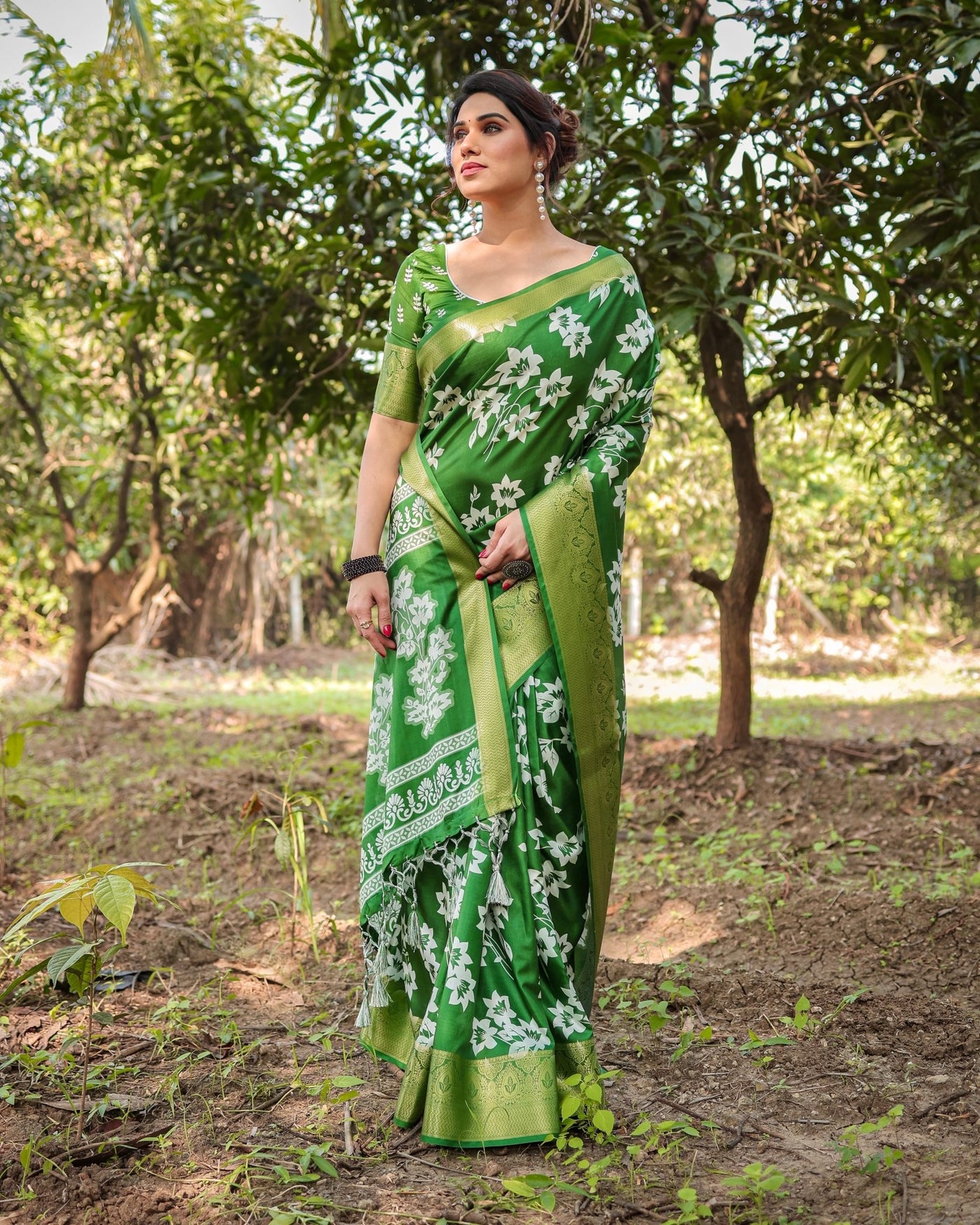 Pure Silk Digitally Printed Saree Weaved With Golden Zari Comes With Tassels - Almaari Fashion