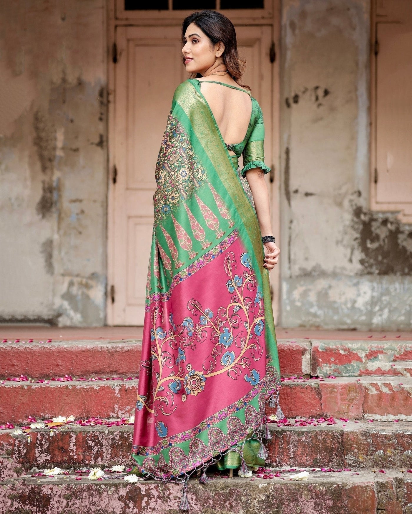 Pure Silk Digitally Printed Saree Weaved With Golden Zari Comes With Tassels - Almaari Fashion