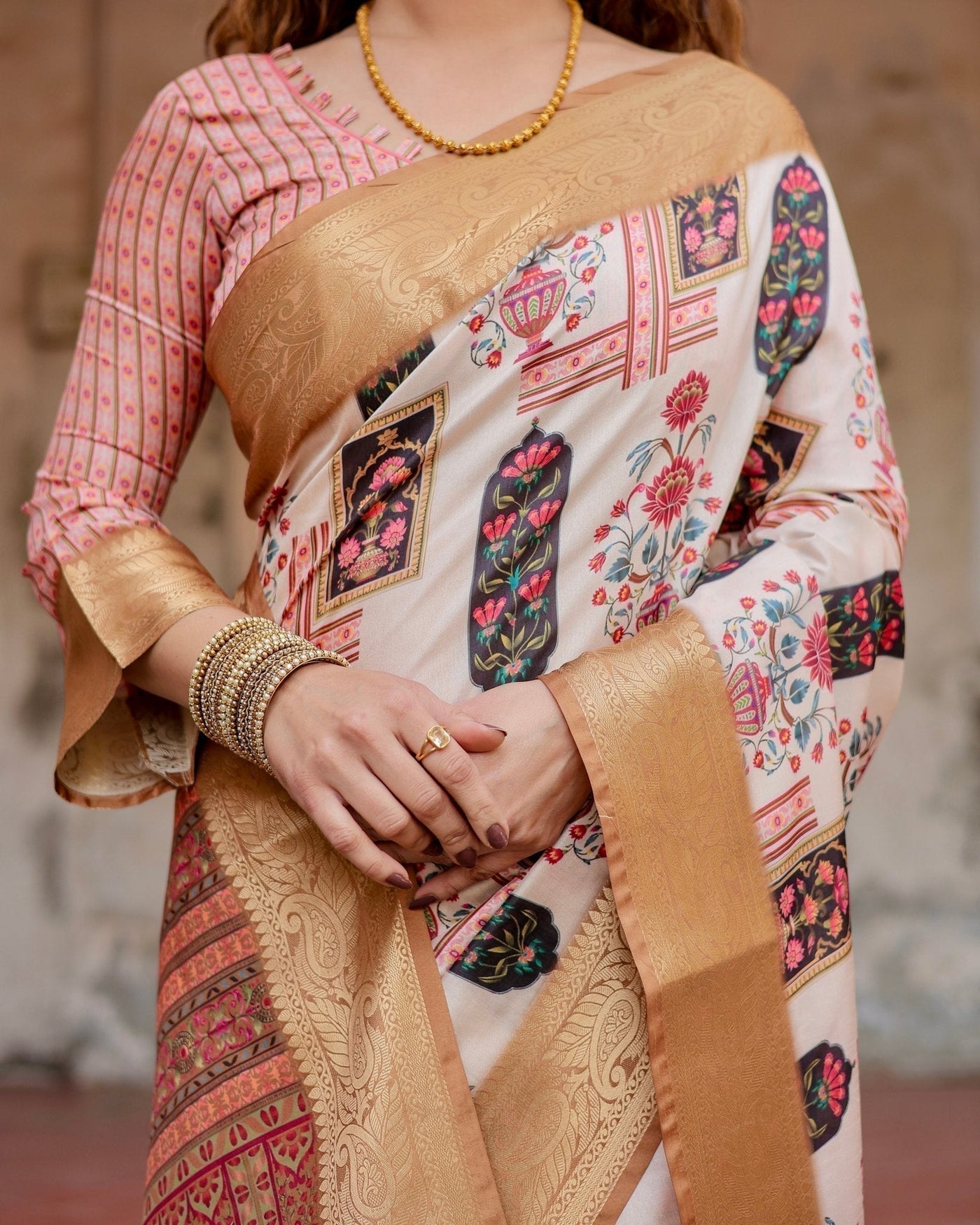 Pure Silk Digitally Printed Saree Weaved With Golden Zari Comes With Tassels - Almaari Fashion