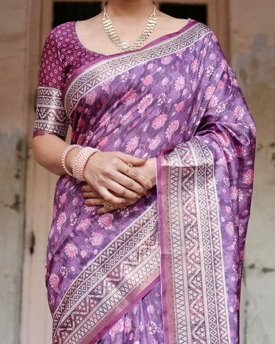 Pure Silk Digitally Printed Saree Weaved With Golden Zari Comes With Tassels - Almaari Fashion