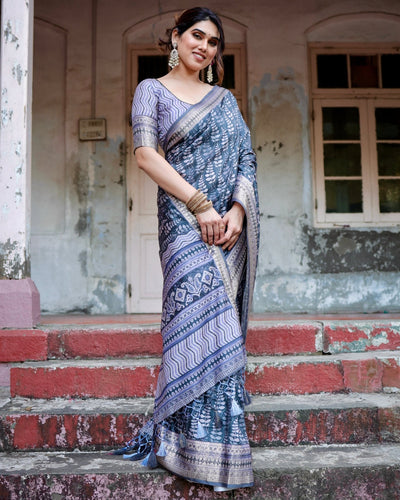 Pure Silk Digitally Printed Saree Weaved With Golden Zari Comes With Tassels - Almaari Fashion