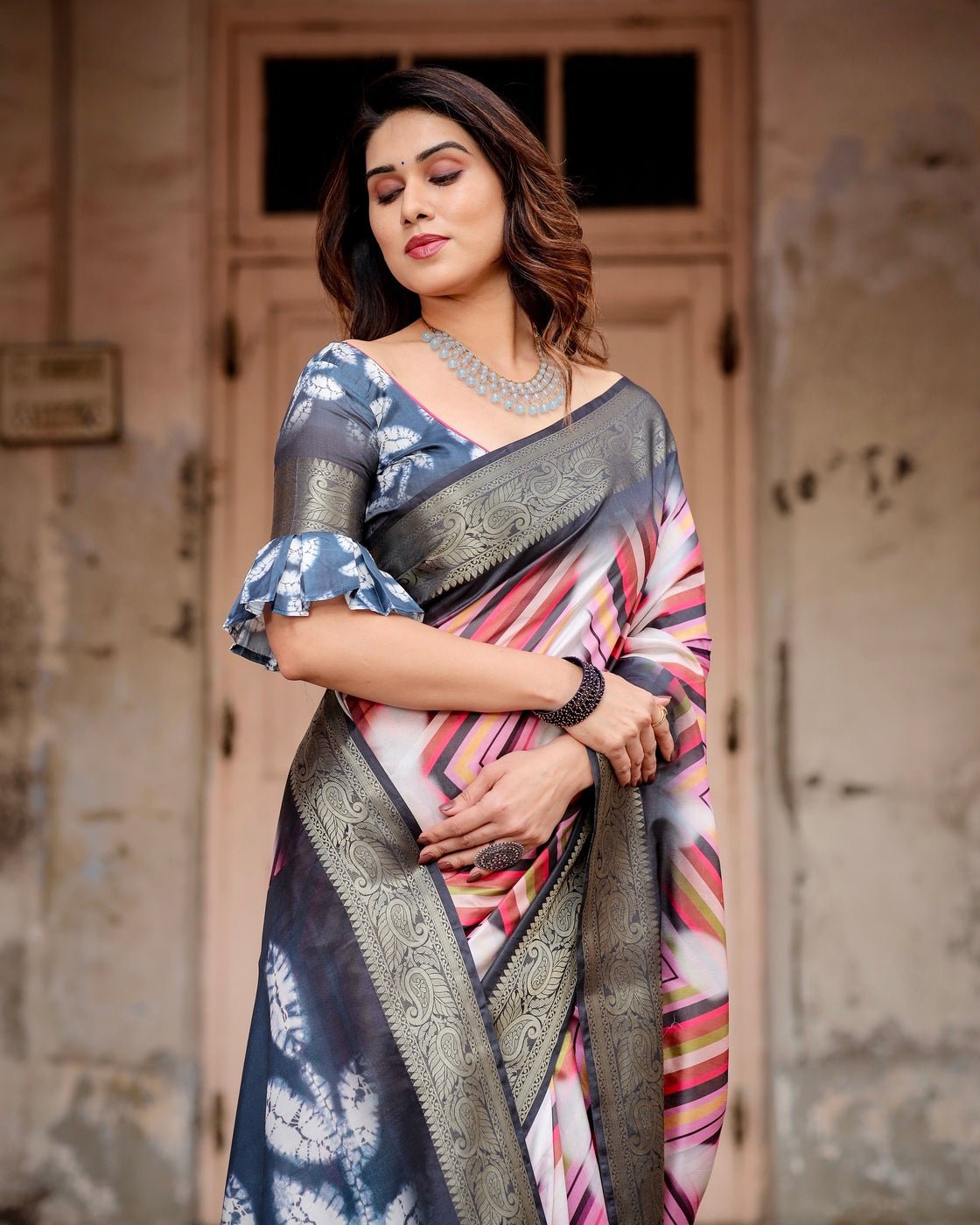 Pure Silk Digitally Printed Saree Weaved With Golden Zari Comes With Tassels - Almaari Fashion