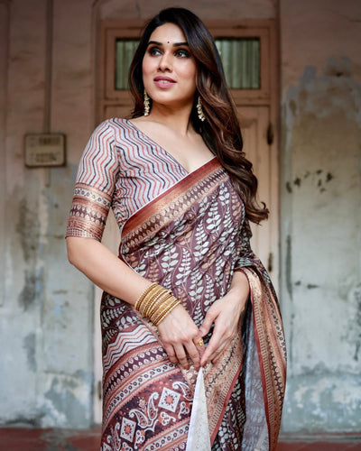 Pure Silk Digitally Printed Saree Weaved With Golden Zari Comes With Tassels - Almaari Fashion