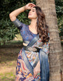 Sky Blue and Navy Digital Print Tussar Silk Saree with Zari Woven Border and Floral Motif Pallu