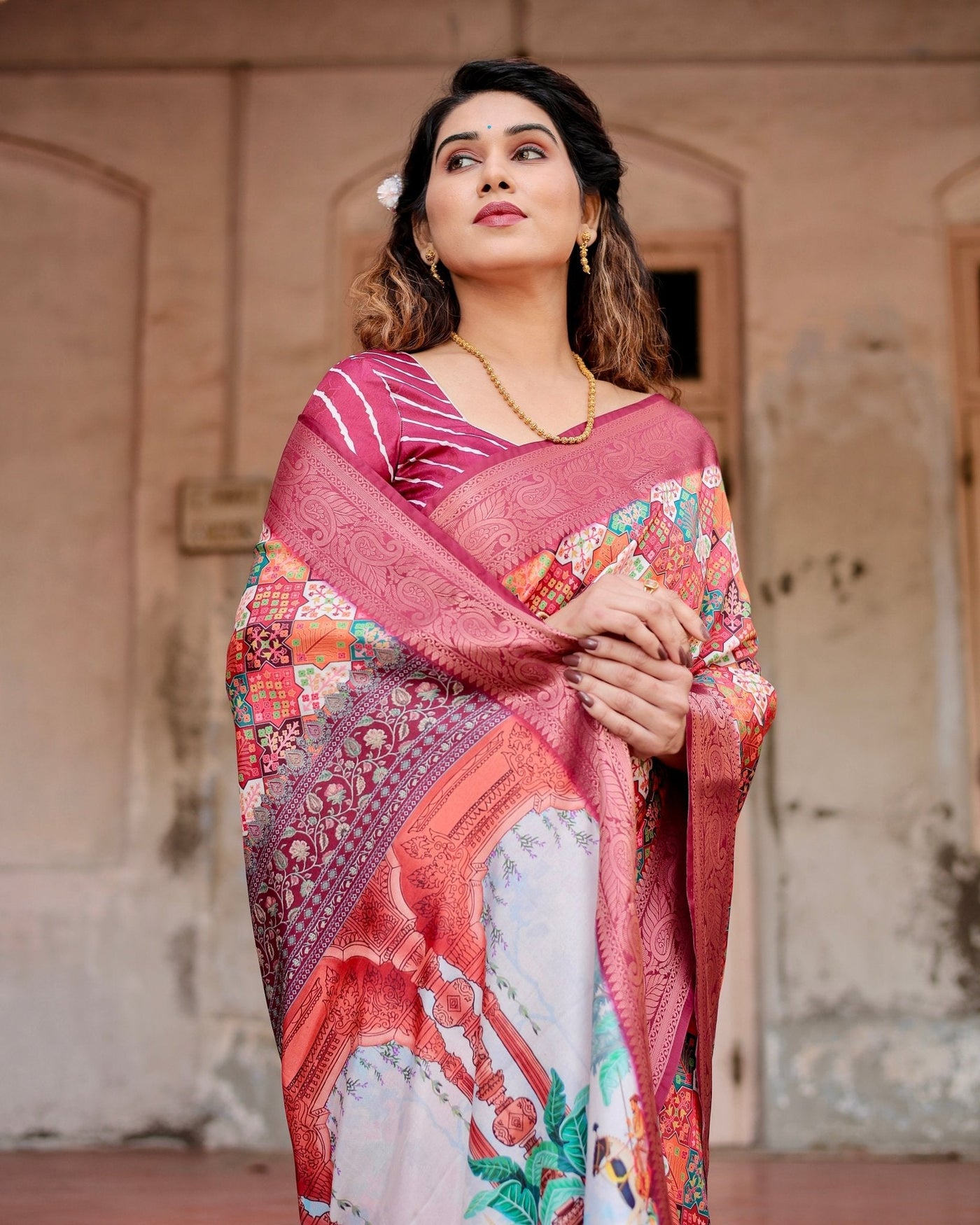 Pure Silk Digitally Printed Saree Weaved With Golden Zari Comes With Tassels - Almaari Fashion