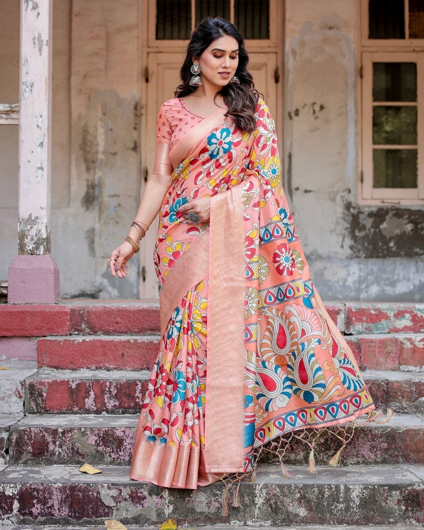 Pure Silk Digitally Printed Saree Weaved With Golden Zari Comes With Tassels - Almaari Fashion