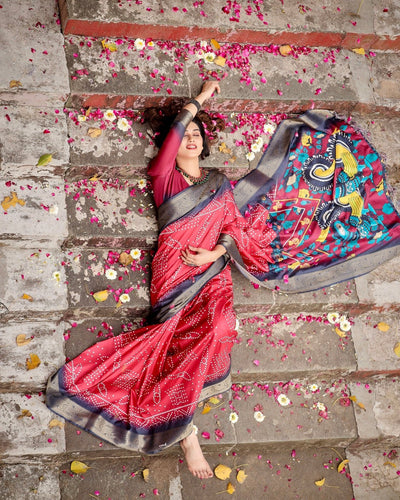 Pure Silk Digitally Printed Saree Weaved With Golden Zari Comes With Tassels - Almaari Fashion