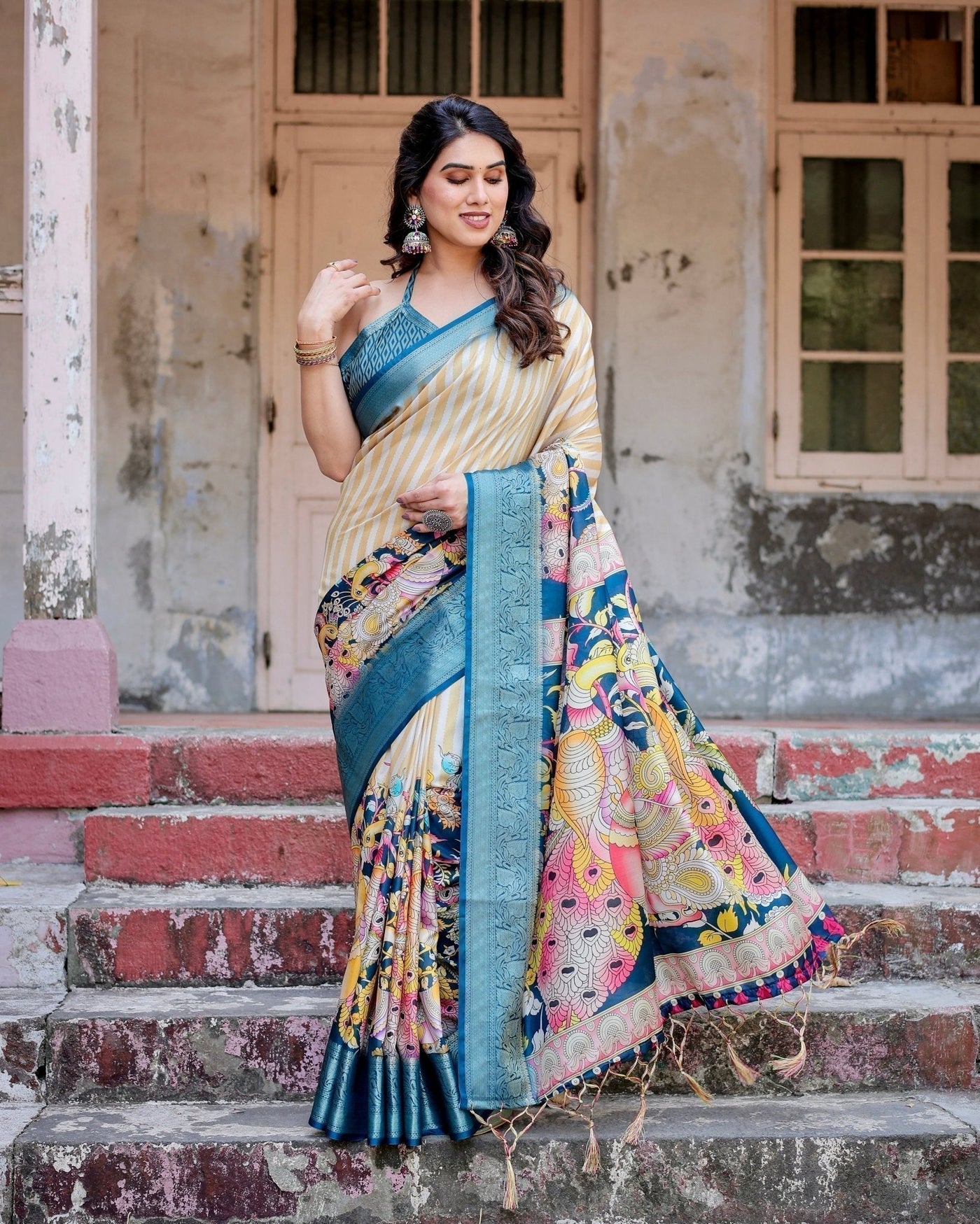 Pure Silk Digitally Printed Saree Weaved With Golden Zari Comes With Tassels - Almaari Fashion