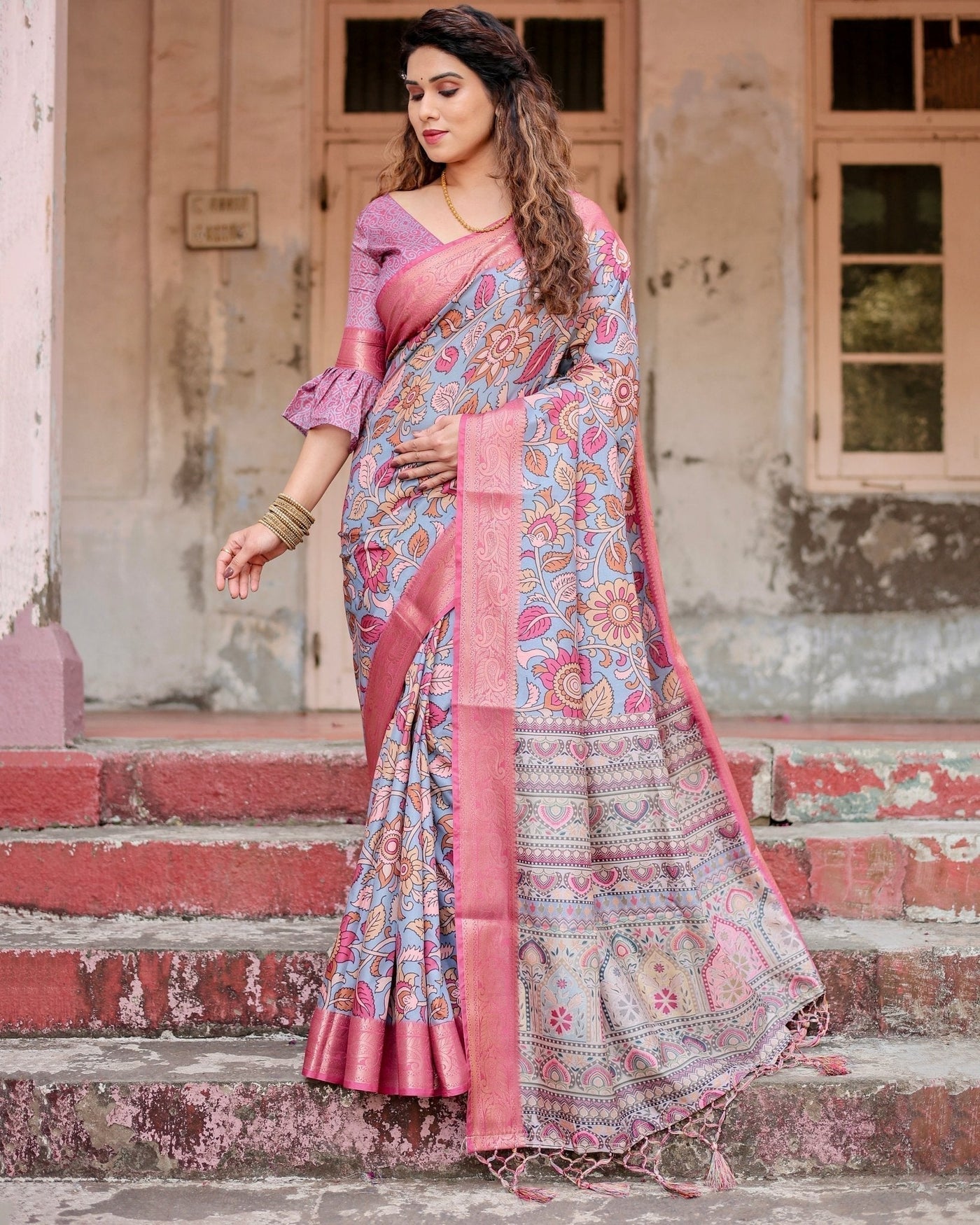 Pure Silk Digitally Printed Saree Weaved With Golden Zari Comes With Tassels - Almaari Fashion