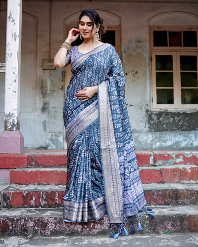 Pure Silk Digitally Printed Saree Weaved With Golden Zari Comes With Tassels - Almaari Fashion