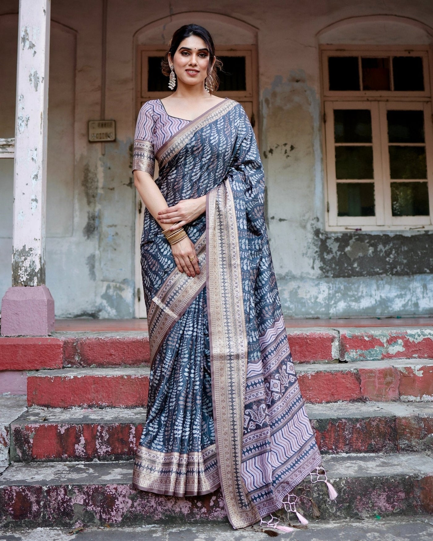 Pure Silk Digitally Printed Saree Weaved With Golden Zari Comes With Tassels - Almaari Fashion