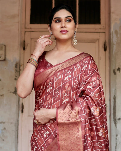 Pure Silk Digitally Printed Saree Weaved With Golden Zari Comes With Tassels - Almaari Fashion