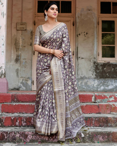 Pure Silk Digitally Printed Saree Weaved With Golden Zari Comes With Tassels - Almaari Fashion