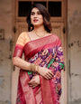 Wine Purple Tussar Silk Saree with Ikat-Inspired Patterns and Rich Zari Border