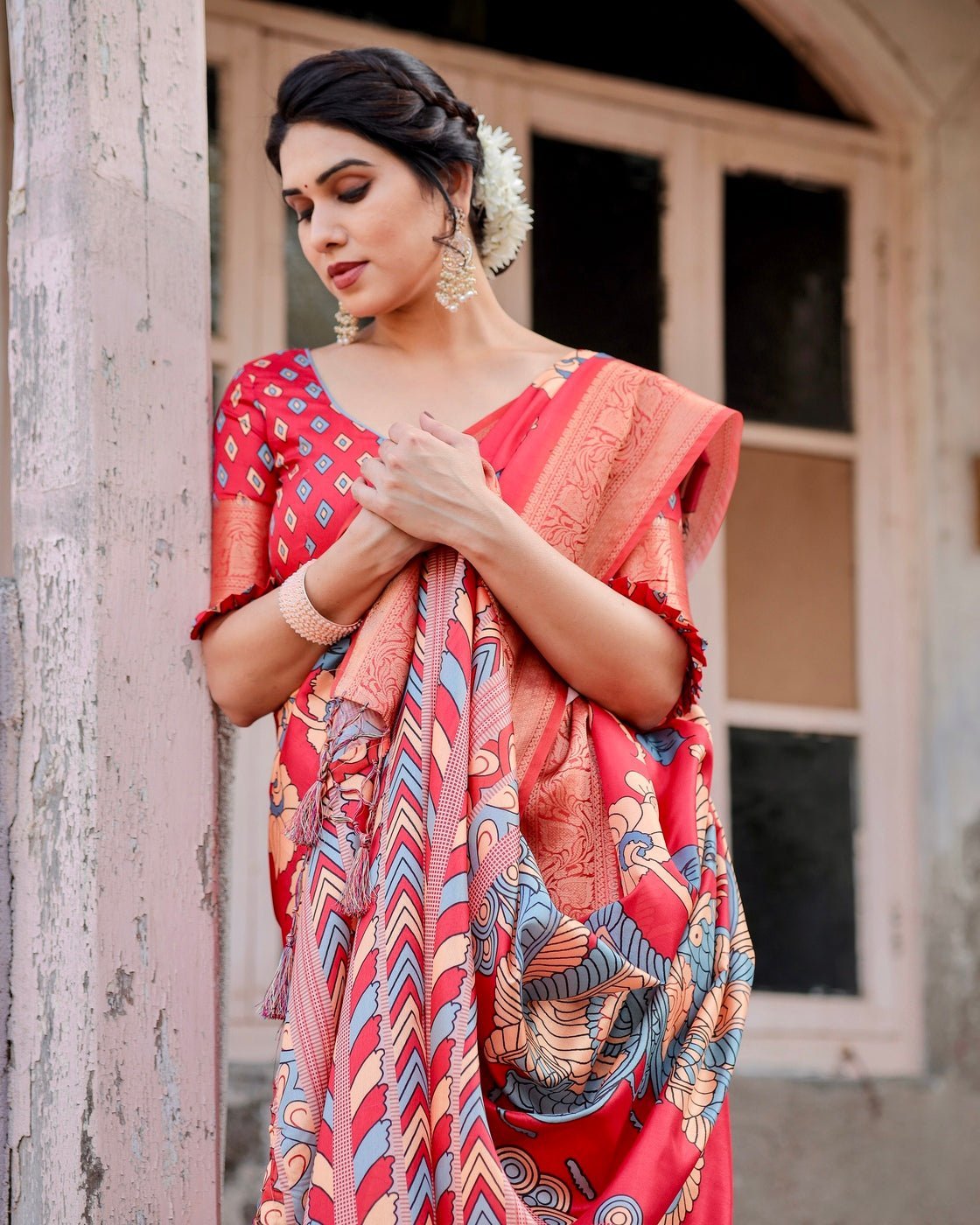 Pure Silk Digitally Printed Saree Weaved With Golden Zari Comes With Tassels - Almaari Fashion