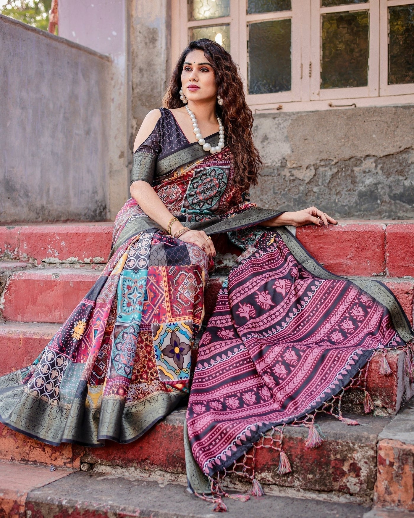 Pure Silk Digitally Printed Saree Weaved With Golden Zari Comes With Tassels - Almaari Fashion