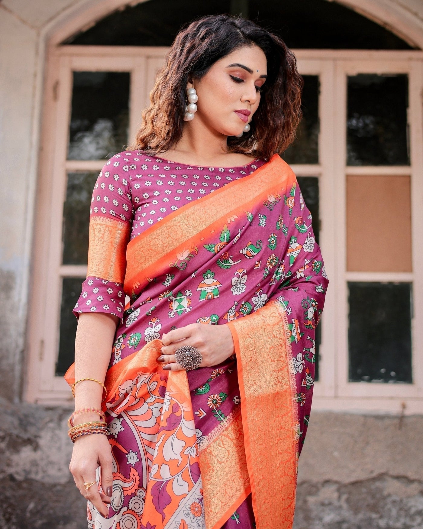 Pure Silk Digitally Printed Saree Weaved With Golden Zari Comes With Tassels - Almaari Fashion