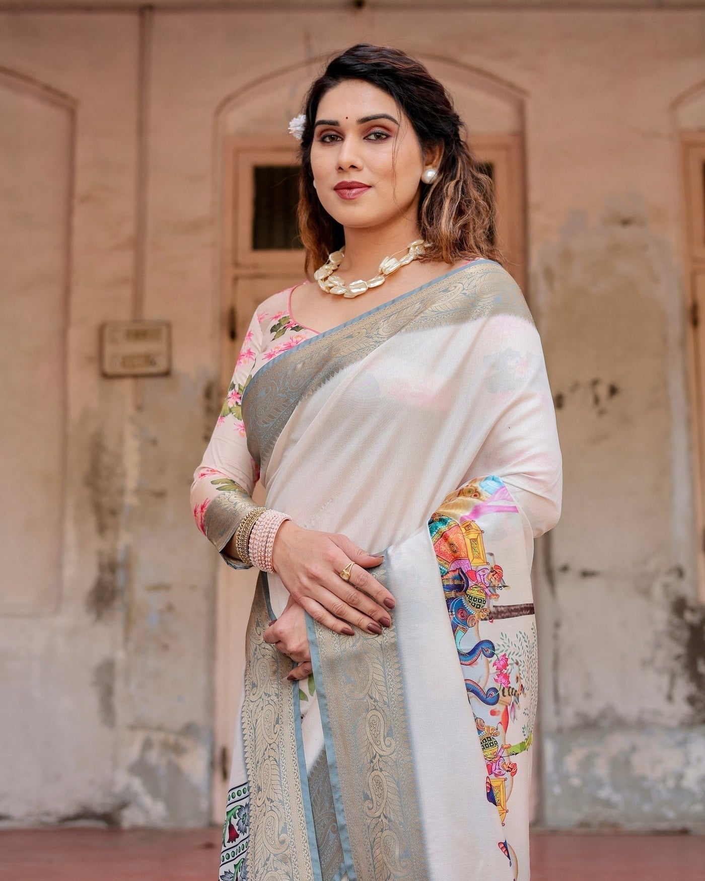 Pure Silk Digitally Printed Saree Weaved With Golden Zari Comes With Tassels - Almaari Fashion