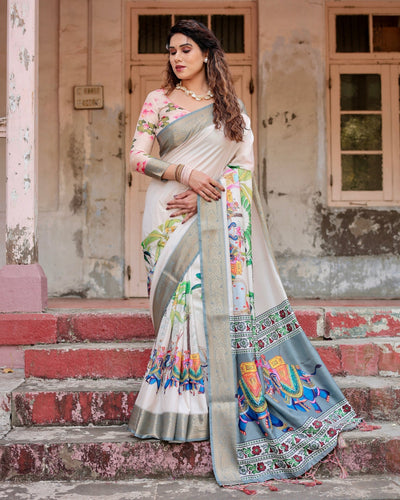 Pure Silk Digitally Printed Saree Weaved With Golden Zari Comes With Tassels - Almaari Fashion