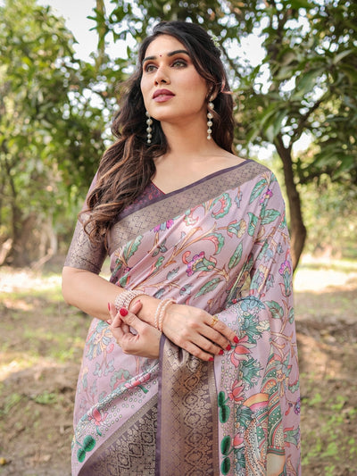 Pure Silk Digitally Printed Saree Weaved With Golden Zari Comes With Tassels - Almaari Fashion