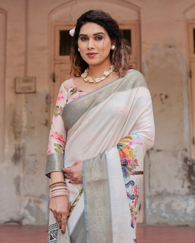 Pure Silk Digitally Printed Saree Weaved With Golden Zari Comes With Tassels - Almaari Fashion