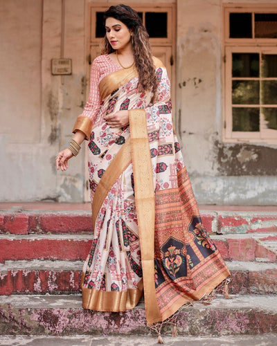 Pure Silk Digitally Printed Saree Weaved With Golden Zari Comes With Tassels - Almaari Fashion