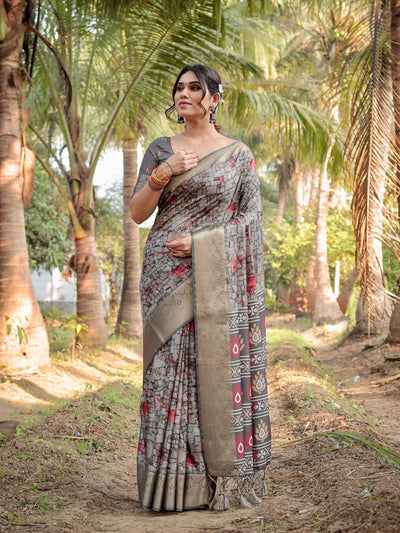 Pure Silk Digitally Printed Saree Weaved With Golden Zari Comes With Tassels - Almaari Fashion