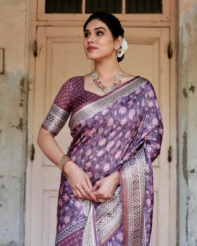 Pure Silk Digitally Printed Saree Weaved With Golden Zari Comes With Tassels - Almaari Fashion