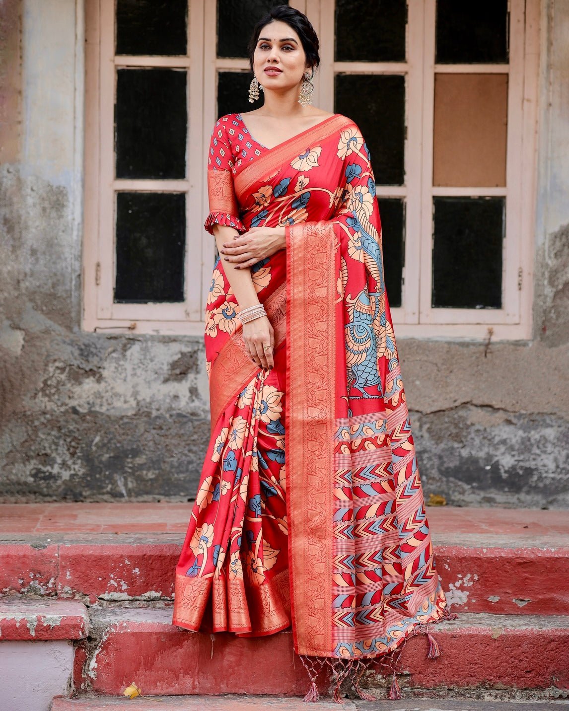 Pure Silk Digitally Printed Saree Weaved With Golden Zari Comes With Tassels - Almaari Fashion