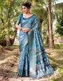 Mesmerizing Blue Banarasi Silk Saree with Golden Zari Border and Mosaic-Inspired Pallu Design