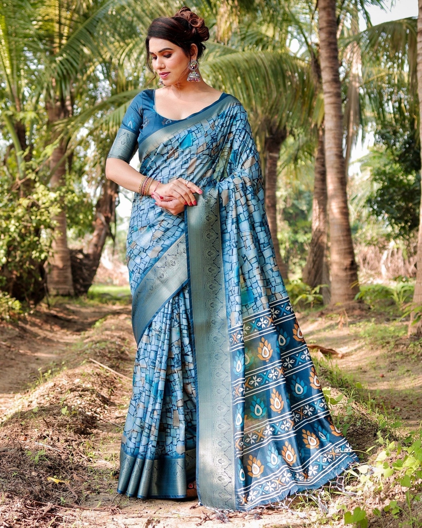 Pure Silk Digitally Printed Saree Weaved With Golden Zari Comes With Tassels - Almaari Fashion