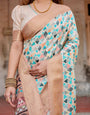 Contemporary Beige Banarasi Silk Saree with Geometric Triangle Print and Golden Zari Border