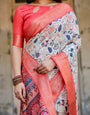 Ivory Tussar Silk Saree with Coral Zari Border and Intricate Floral Motifs