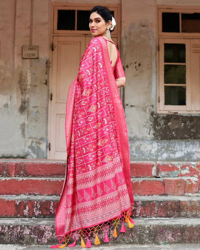 Pure Silk Digitally Printed Saree Weaved With Golden Zari Comes With Tassels - Almaari Fashion