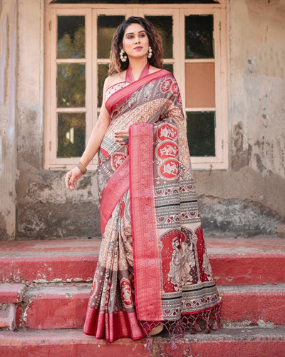 Pure Silk Digitally Printed Saree Weaved With Golden Zari Comes With Tassels - Almaari Fashion