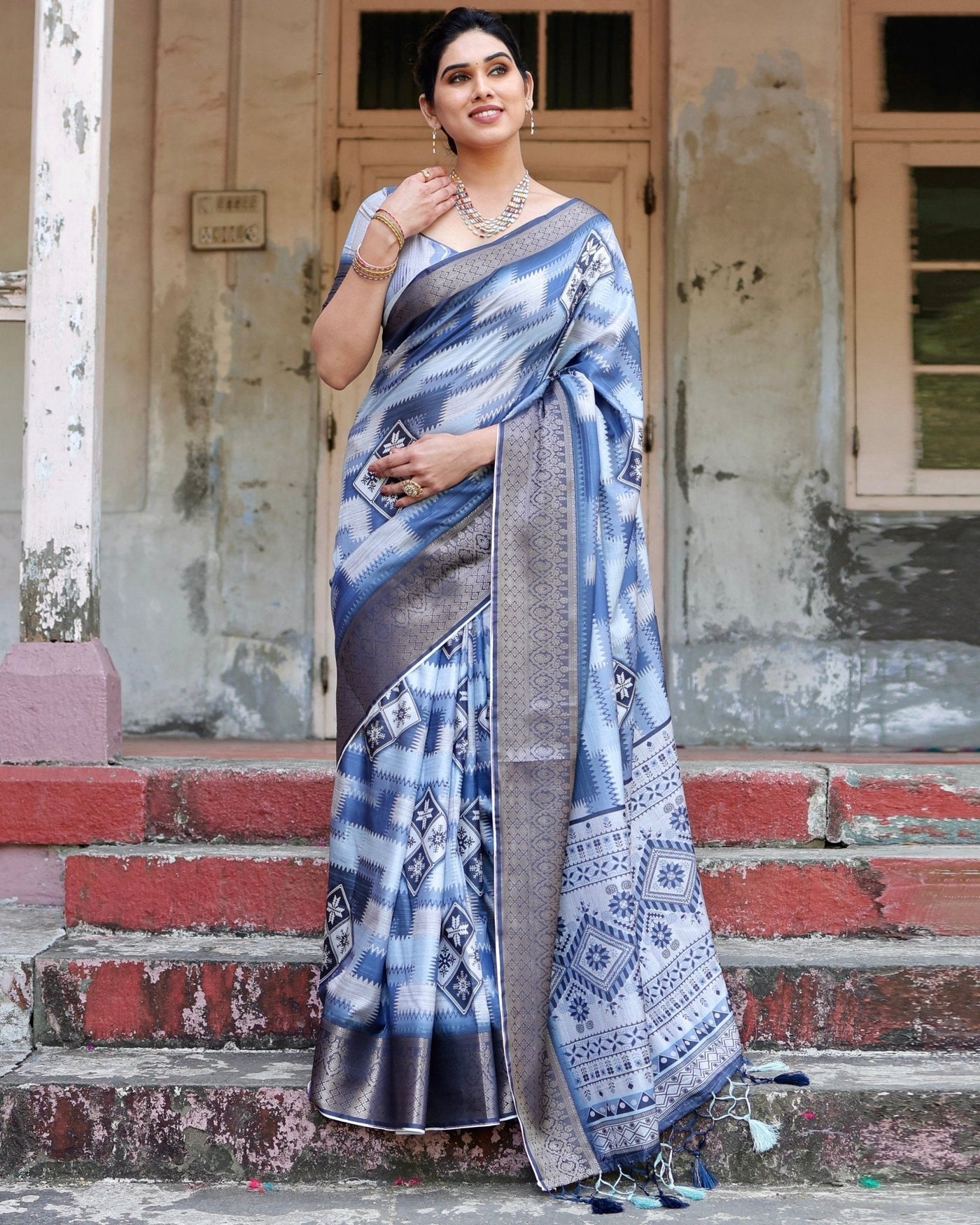 Pure Silk Digitally Printed Saree Weaved With Golden Zari Comes With Tassels - Almaari Fashion