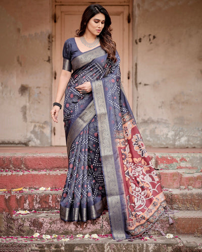 Pure Silk Digitally Printed Saree Weaved With Golden Zari Comes With Tassels - Almaari Fashion