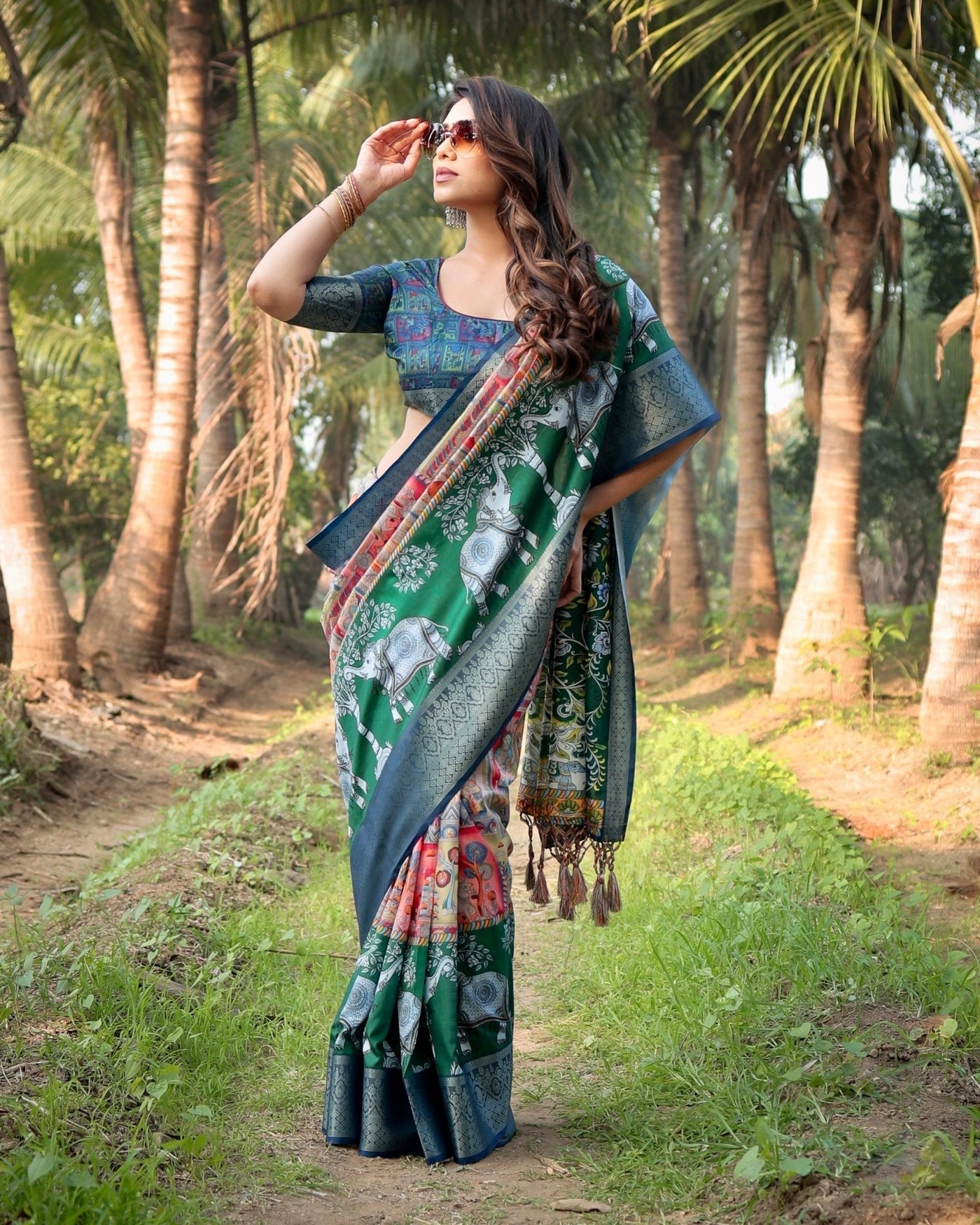 Pure Silk Digitally Printed Saree Weaved With Golden Zari Comes With Tassels - Almaari Fashion