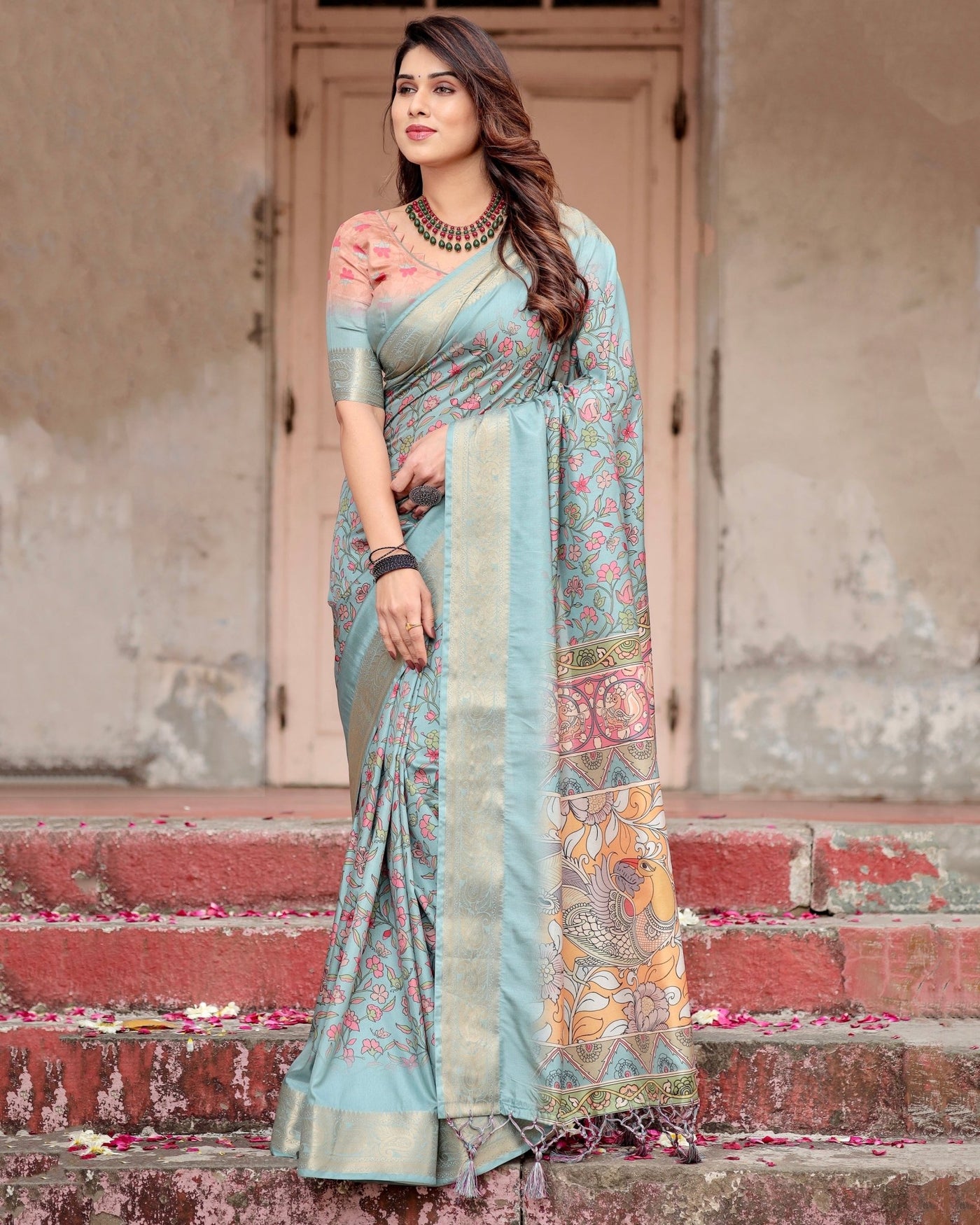 Pure Silk Digitally Printed Saree Weaved With Golden Zari Comes With Tassels - Almaari Fashion