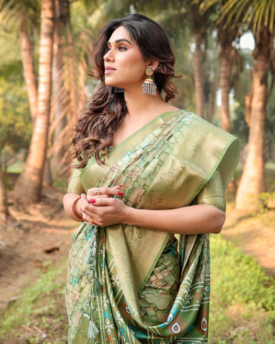 Pure Silk Digitally Printed Saree Weaved With Golden Zari Comes With Tassels - Almaari Fashion