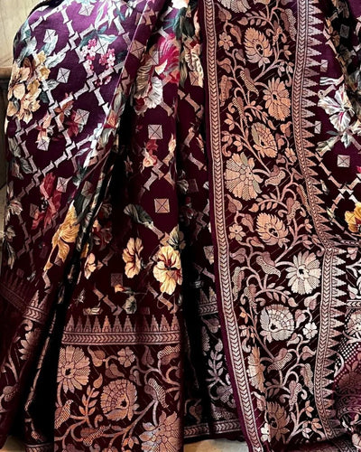 Pure Silk Saree Digitally Printed & Weaved With Copper Zari Comes With Heavy Banarasi Brocade Blouse - Almaari Fashion