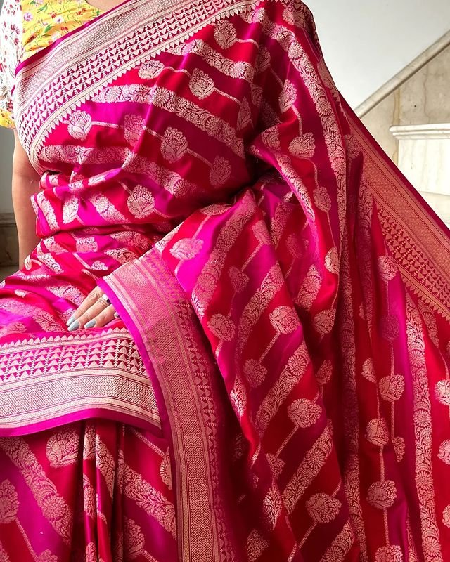 Pure Silk Saree Weaved With Golden Zari Comes With Heavy Banarasi Brocade Blouse - Almaari Fashion