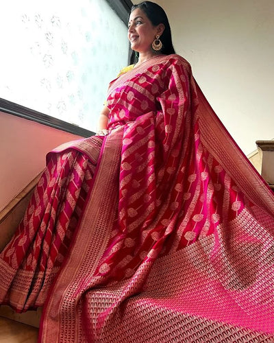 Pure Silk Saree Weaved With Golden Zari Comes With Heavy Banarasi Brocade Blouse - Almaari Fashion