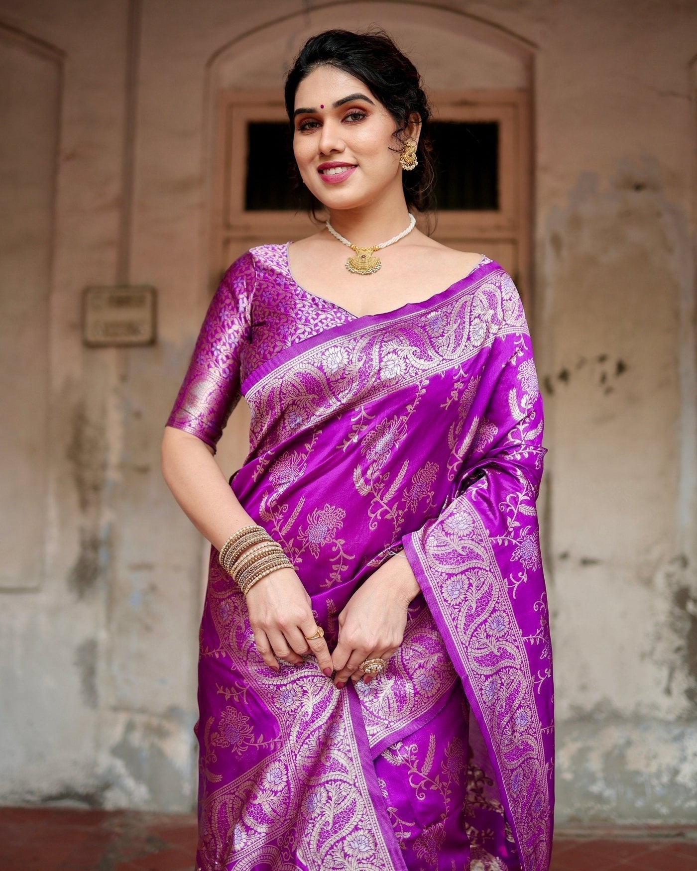 Pure Silk Saree Weaved With Zari Comes With Heavy Banarasi Brocade Blouse - Almaari Fashion