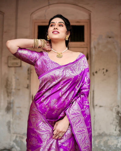 Pure Silk Saree Weaved With Zari Comes With Heavy Banarasi Brocade Blouse - Almaari Fashion