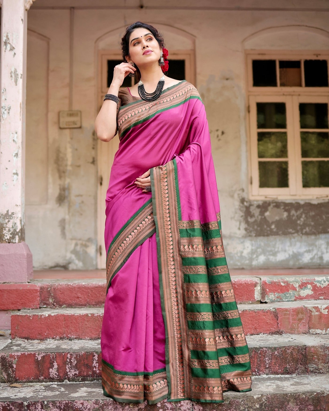 Pure Silk Saree Weaved With Zari Comes With Heavy Banarasi Brocade Blouse - Almaari Fashion