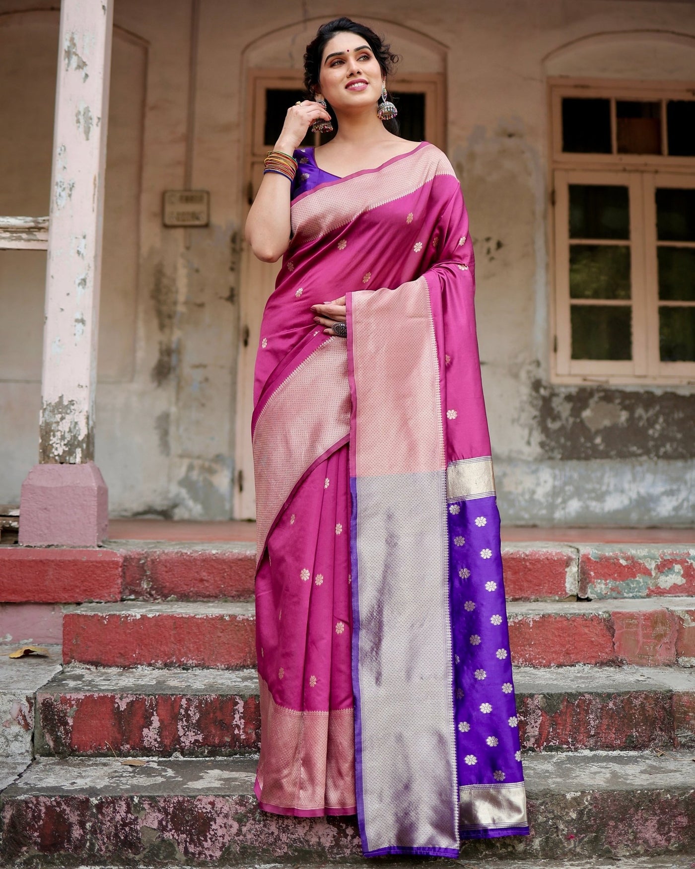 Pure Silk Saree Weaved With Zari Comes With Heavy Banarasi Brocade Blouse - Almaari Fashion